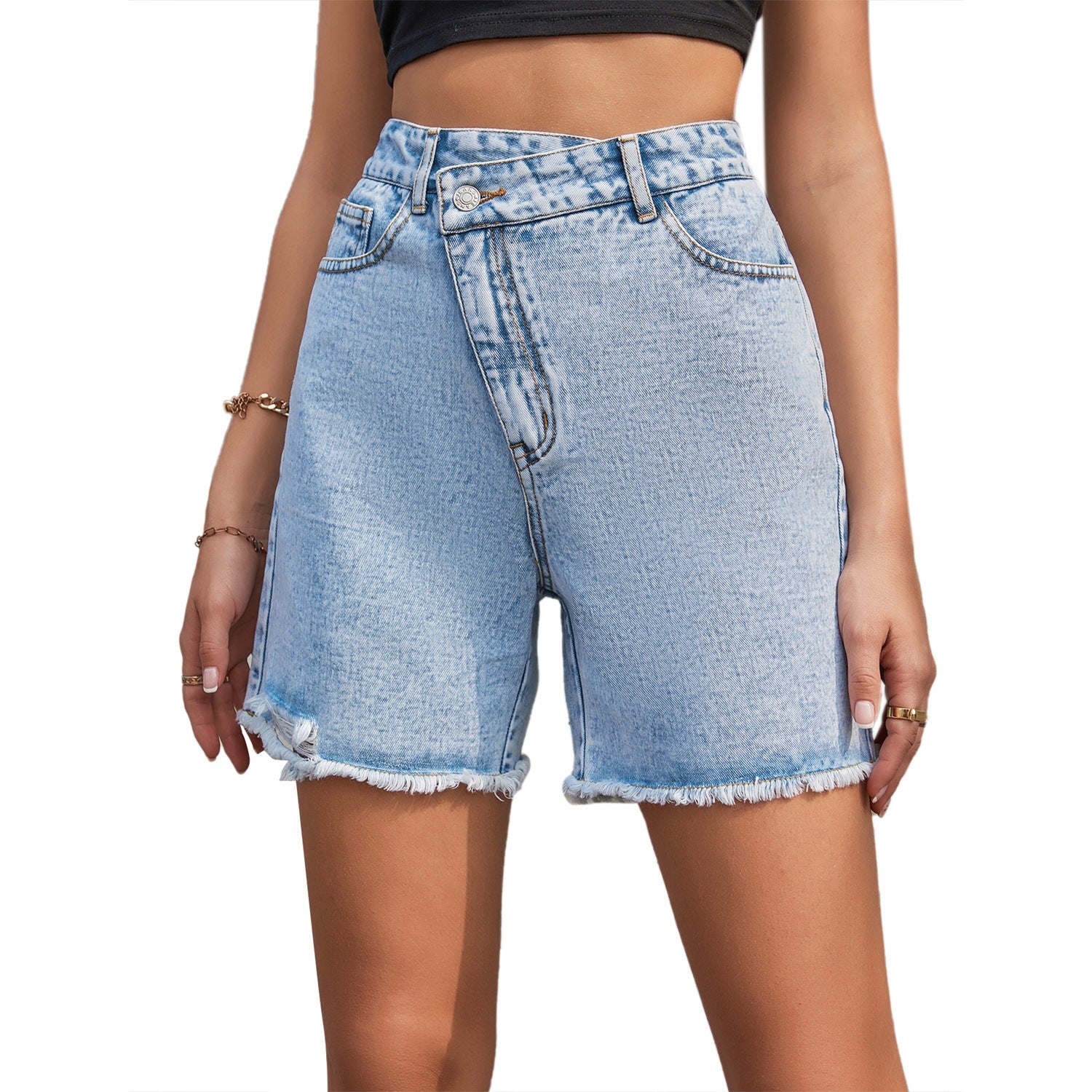 🔥Women High Waist Criss Cross Waistband Denim Shorts