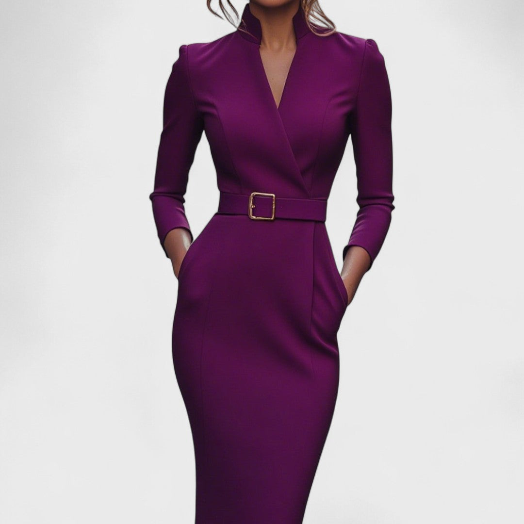 Arden Lane | Elegant Dress with Belt and Stand-Up Collar