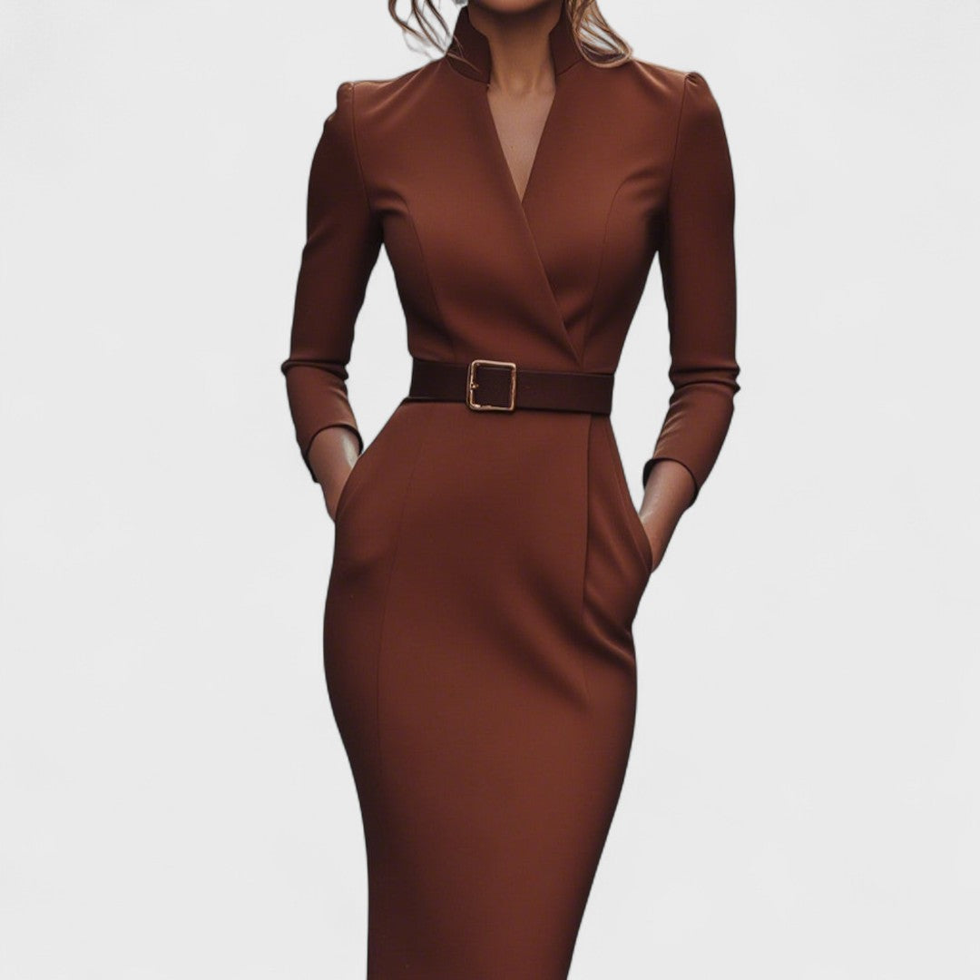 Arden Lane | Elegant Dress with Belt and Stand-Up Collar