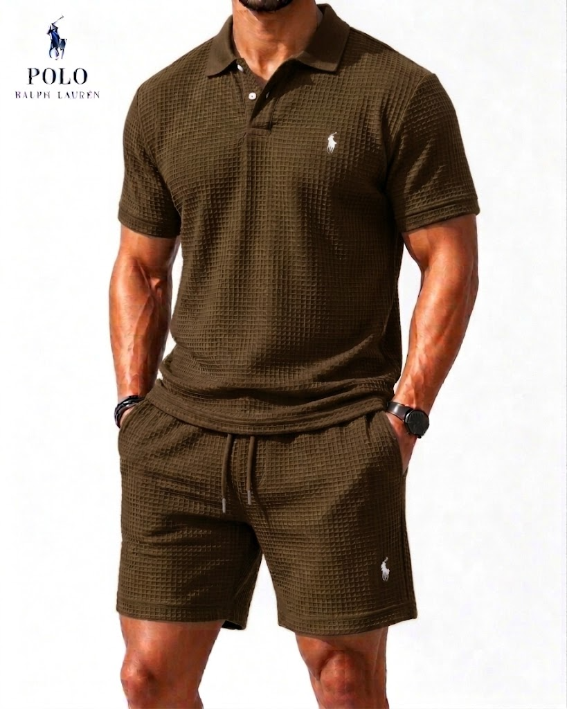 Casual Everyday Waffle Polo Shirt and Matching Shorts Set