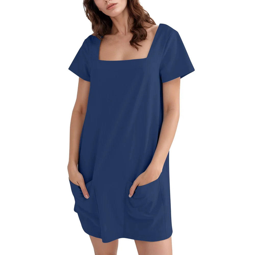 🔥Women's Casual Square NeckShort Sleeve Dress with Pockets💃