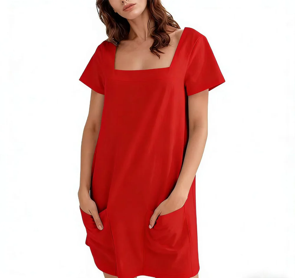 🔥Women's Casual Square NeckShort Sleeve Dress with Pockets💃