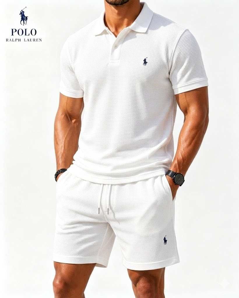 Casual Everyday Waffle Polo Shirt and Matching Shorts Set