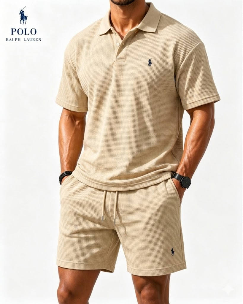 Casual Everyday Waffle Polo Shirt and Matching Shorts Set