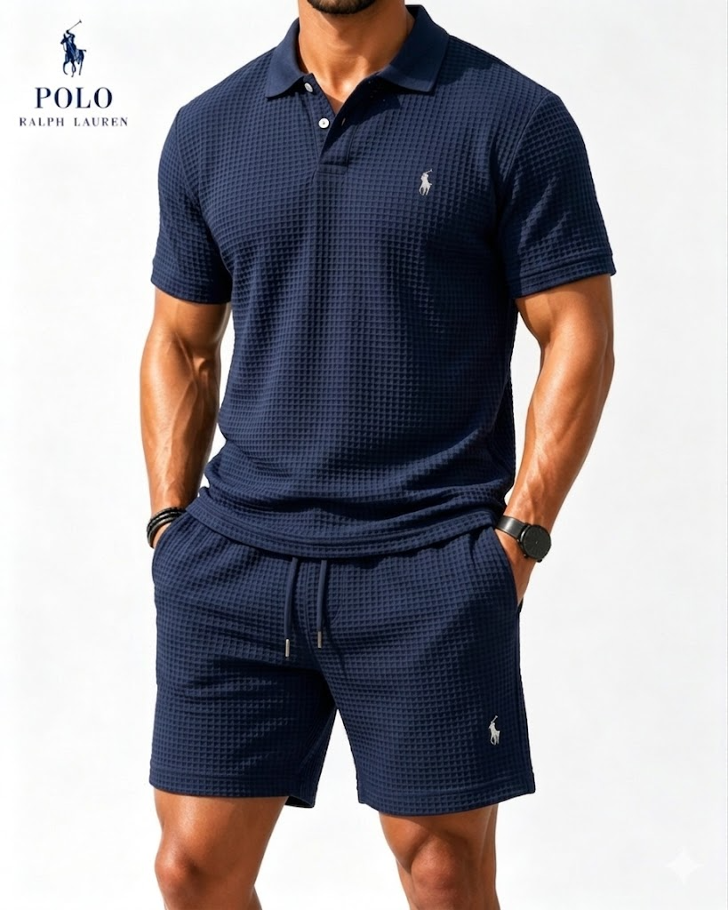 Casual Everyday Waffle Polo Shirt and Matching Shorts Set