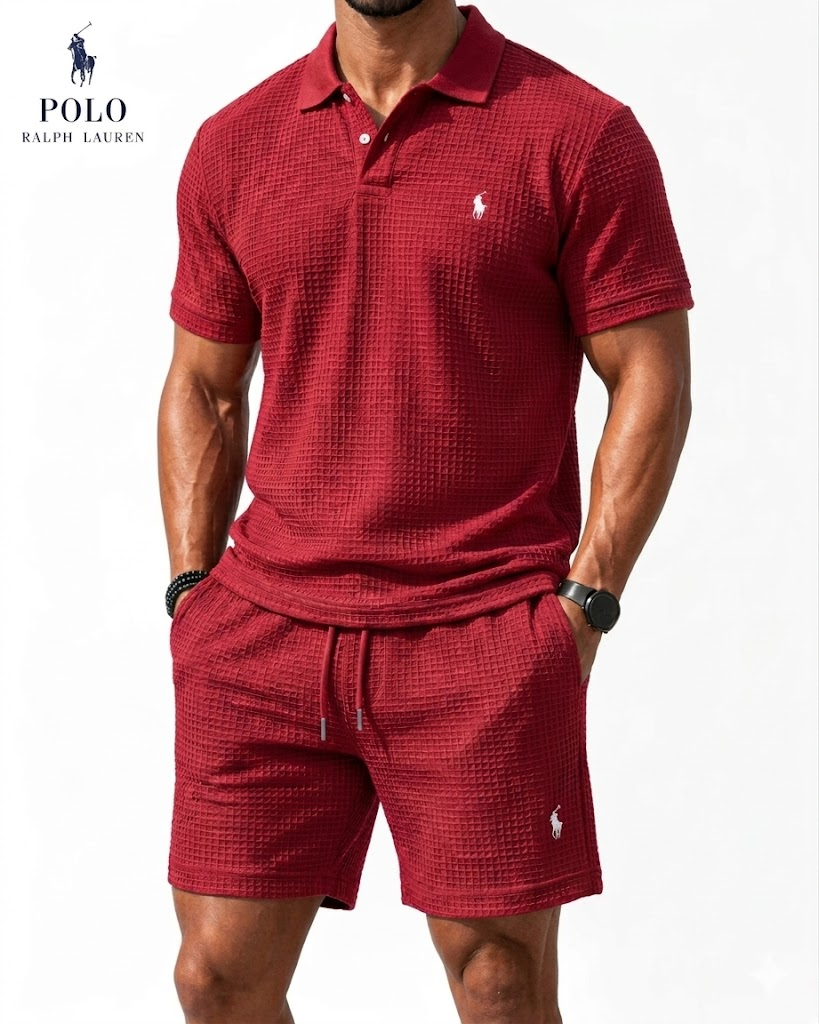 Casual Everyday Waffle Polo Shirt and Matching Shorts Set