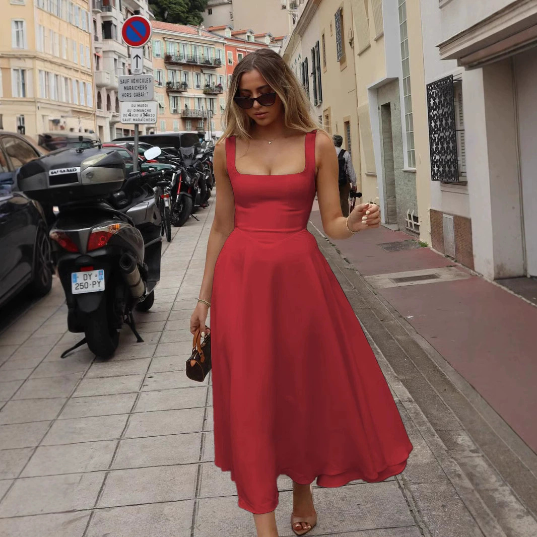 Elegant Square-Neck Long Flow Dress