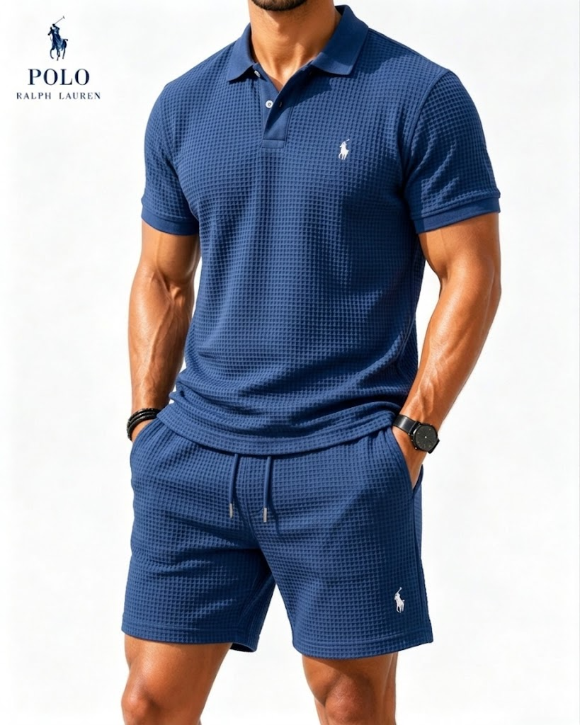 Casual Everyday Waffle Polo Shirt and Matching Shorts Set