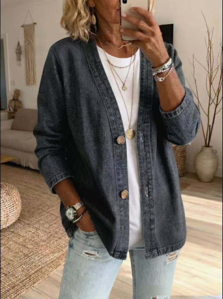 🧥 60% OFF NOW! ✨ Women's Classic Button Front Denim Jacket – V-Neck, Breathable Fabric & Relaxed Fit 💙