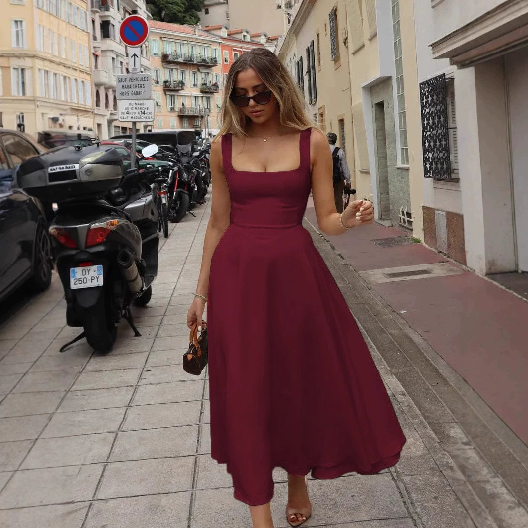 Elegant Square-Neck Long Flow Dress