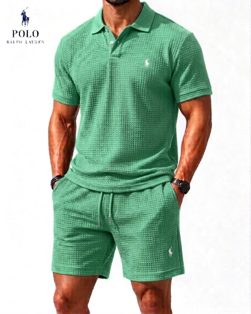 Casual Everyday Waffle Polo Shirt and Matching Shorts Set