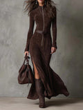 Arden Lane | Long suede dress with zipper and belt