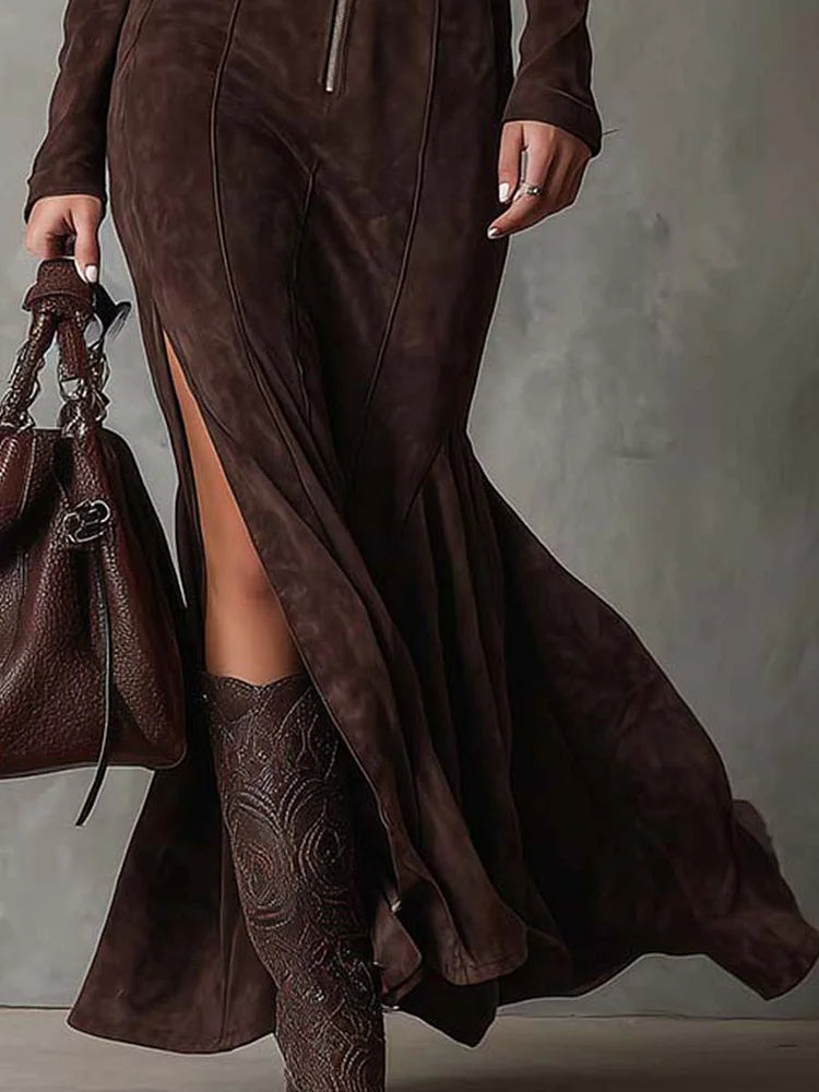 Arden Lane | Long suede dress with zipper and belt