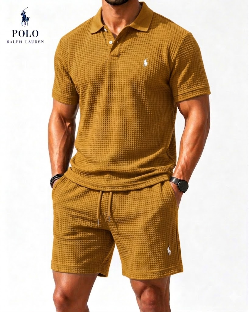 Casual Everyday Waffle Polo Shirt and Matching Shorts Set