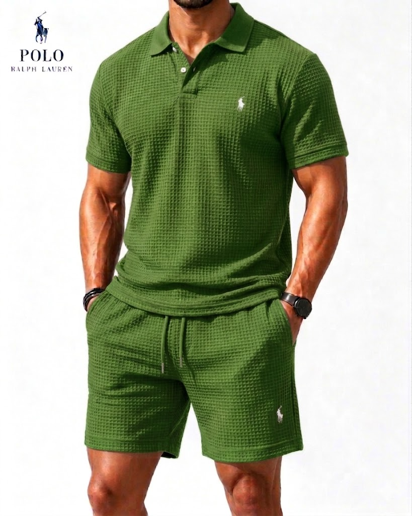 Casual Everyday Waffle Polo Shirt and Matching Shorts Set