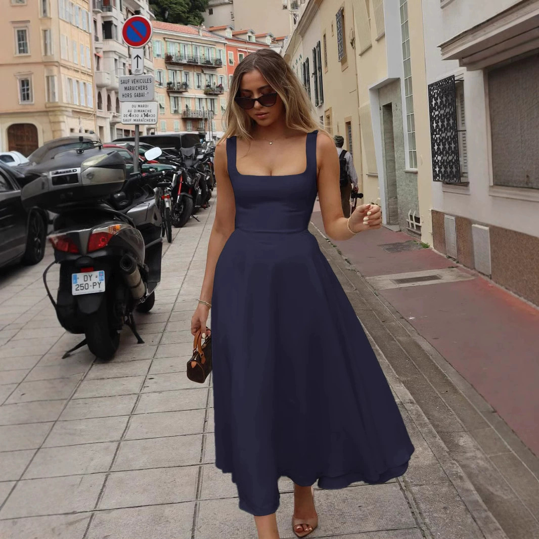 Elegant Square-Neck Long Flow Dress