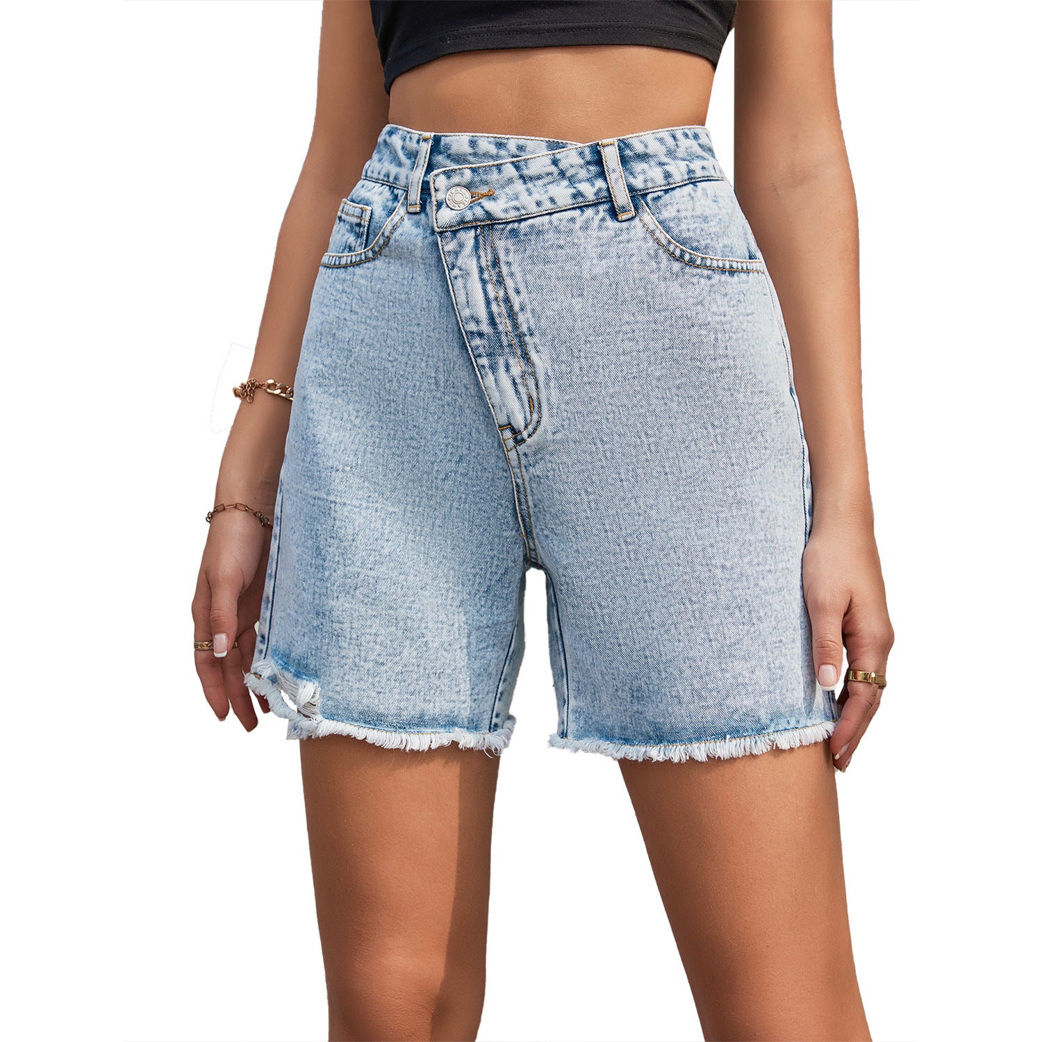 🔥Women High Waist Criss Cross Waistband Denim Shorts