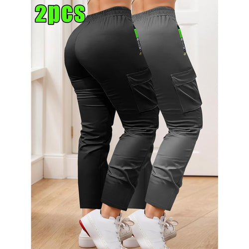 2-Pcs Women's Work Pants - Non-Stretch Full-Length Trousers, Adjustable Drawstring Waist for Gym/Outdoor/Daily Wear