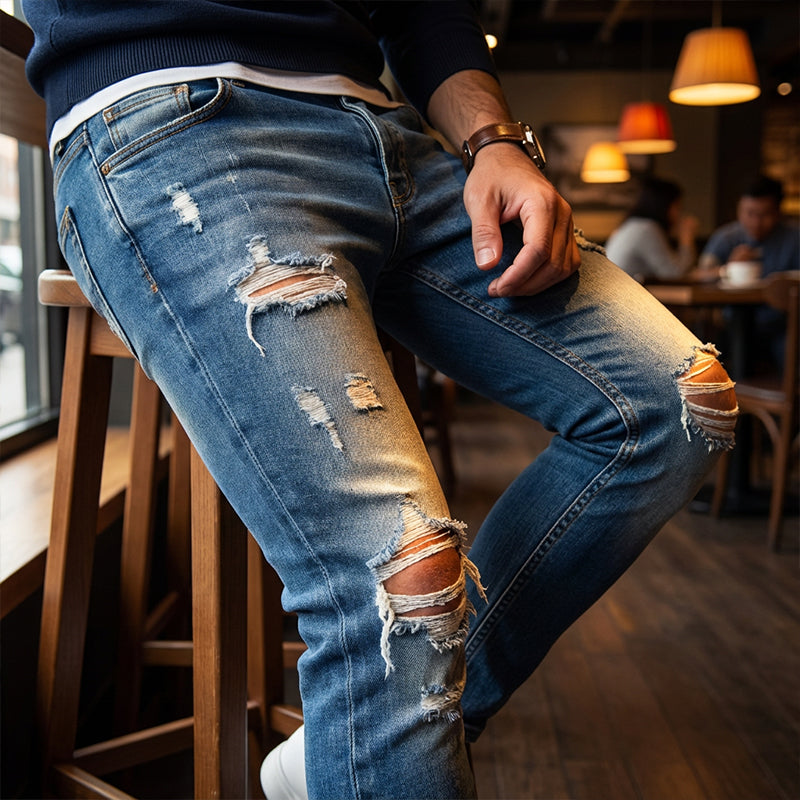 👖59% OFF! 🔥 Stylish Distressed Skinny Jeans for Men – Slim Tapered Fit, Breathable Cotton & Edgy Ripped Details