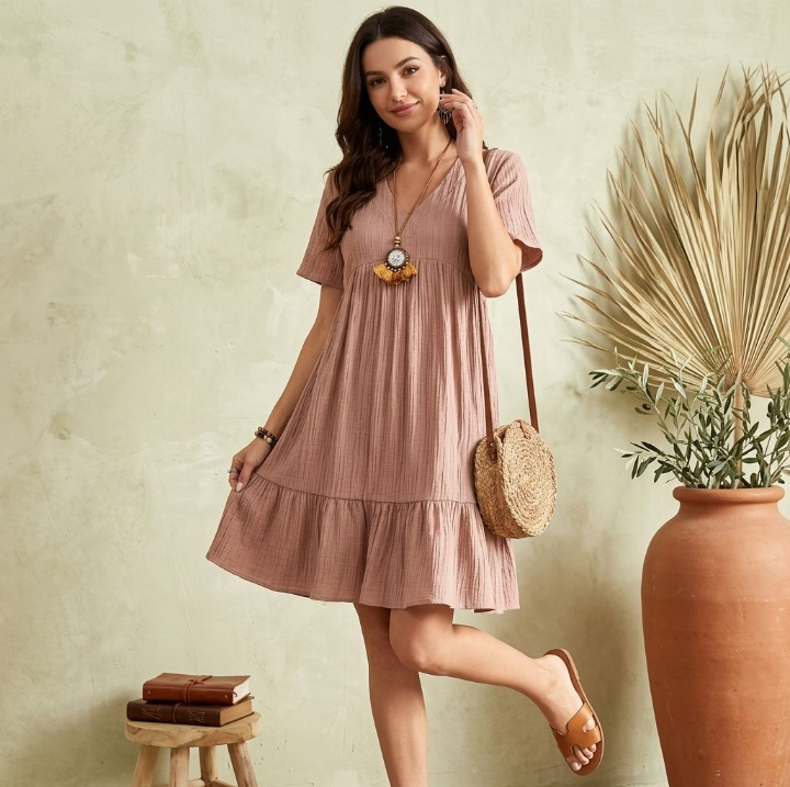 🔥Women's V Neck Short Sleeve Ruffle Hem Mini Dress